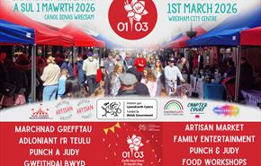 Event Poster St Davids Day in Wrecsam depicting Gazebos in Red and blue with large groups of people shopping from aritsan stalls